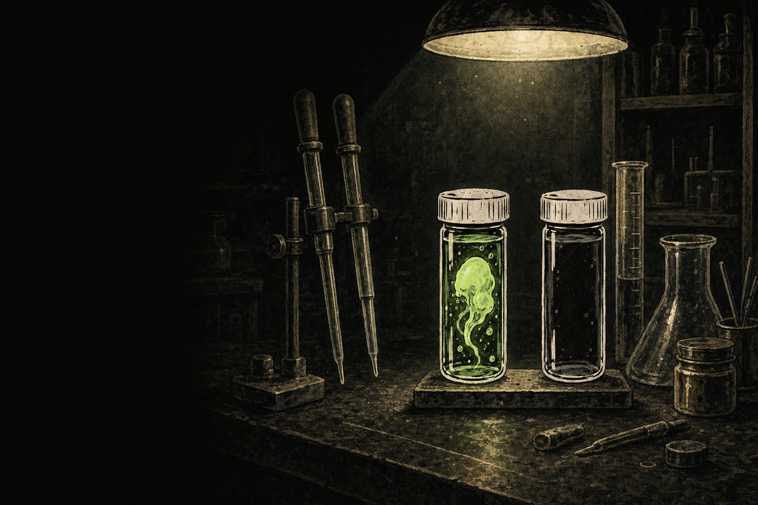 The paired vials on a laboratory bench under a hanging lamp